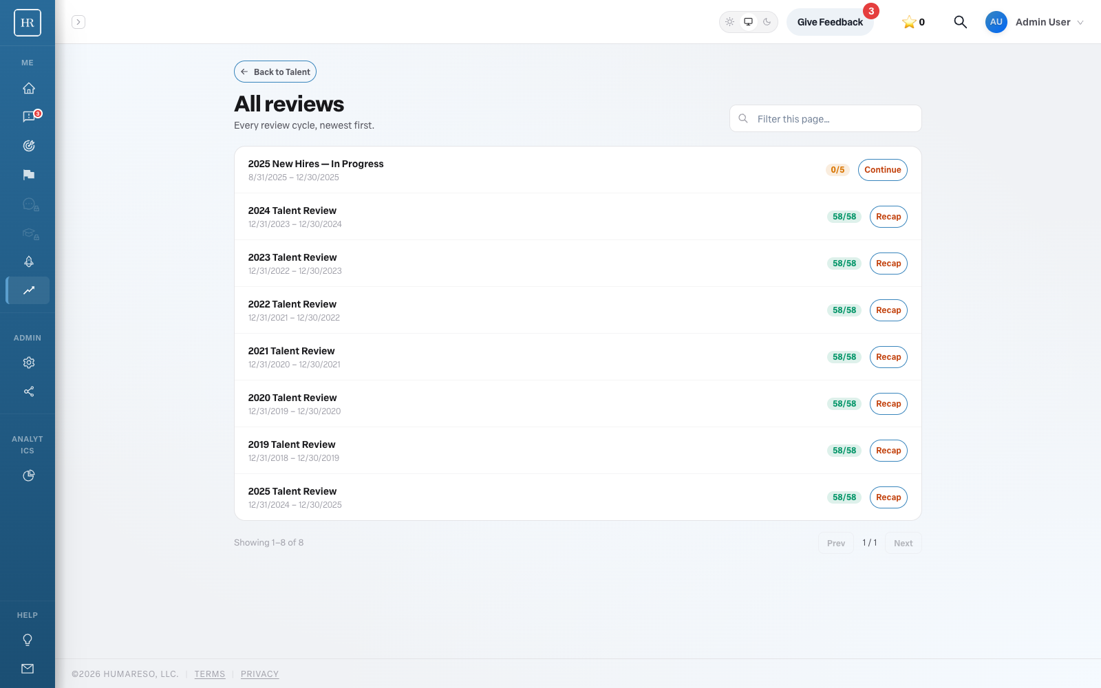 The All reviews page listing every review cycle